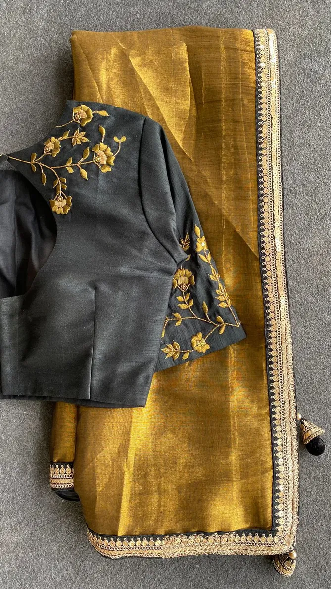 Vivera Golden Tissue Silk Fancy Party Wear Saree Exporters In India