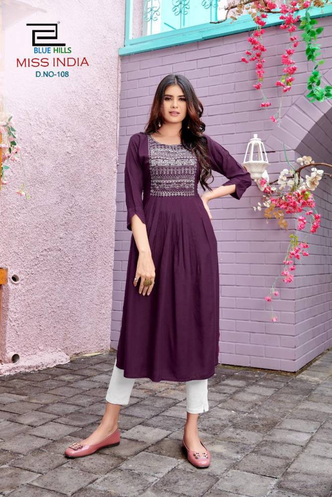 Blue Hills Miss India 1 Long Party wear Rayon Neck Work Kurti Collection