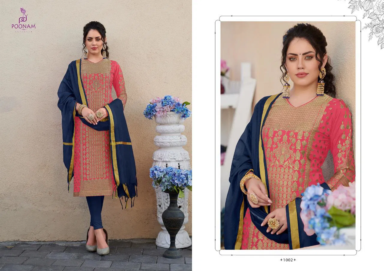 Poonam Designer Banarasi Foil Latest Fancy Heavy Designer Festive Wear Pure Rayon With Banarasi Foil Readymade Salwar Suit Collection