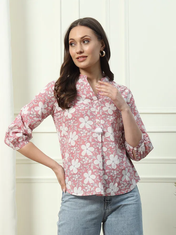 Fiorra TOP002 Pink Floral Printed Cotton Western Top Wholesale In India