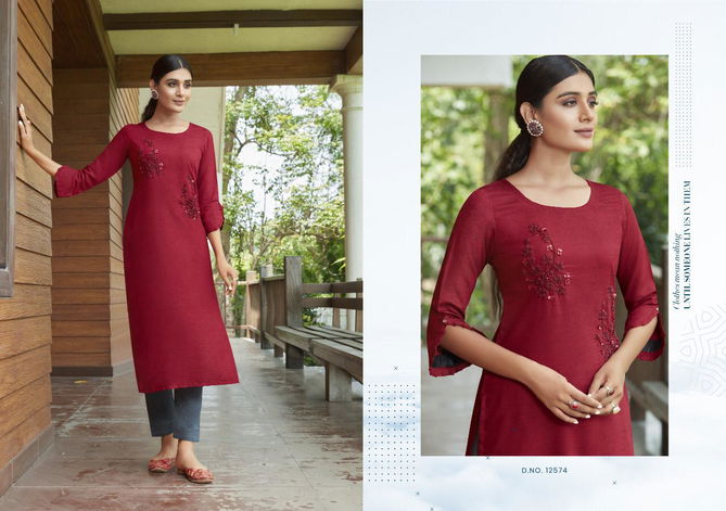 Kalaroop Pears Fancy Wear Designer Rayon Fancy Hand Work Kurti Collection
