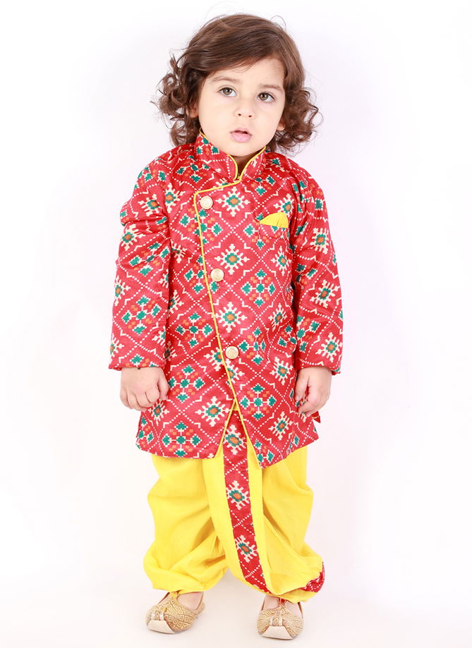 K21SDB164RD Kid1 Festive Pattola Print Wholesale Sherwani With Dhoti Collection