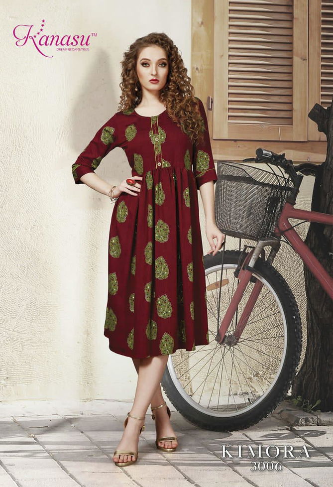 Kanasu Kimora Latest Designer Fancy Ethnic Wear Pure Rayon Printed Anarkali Kurtis Collection
