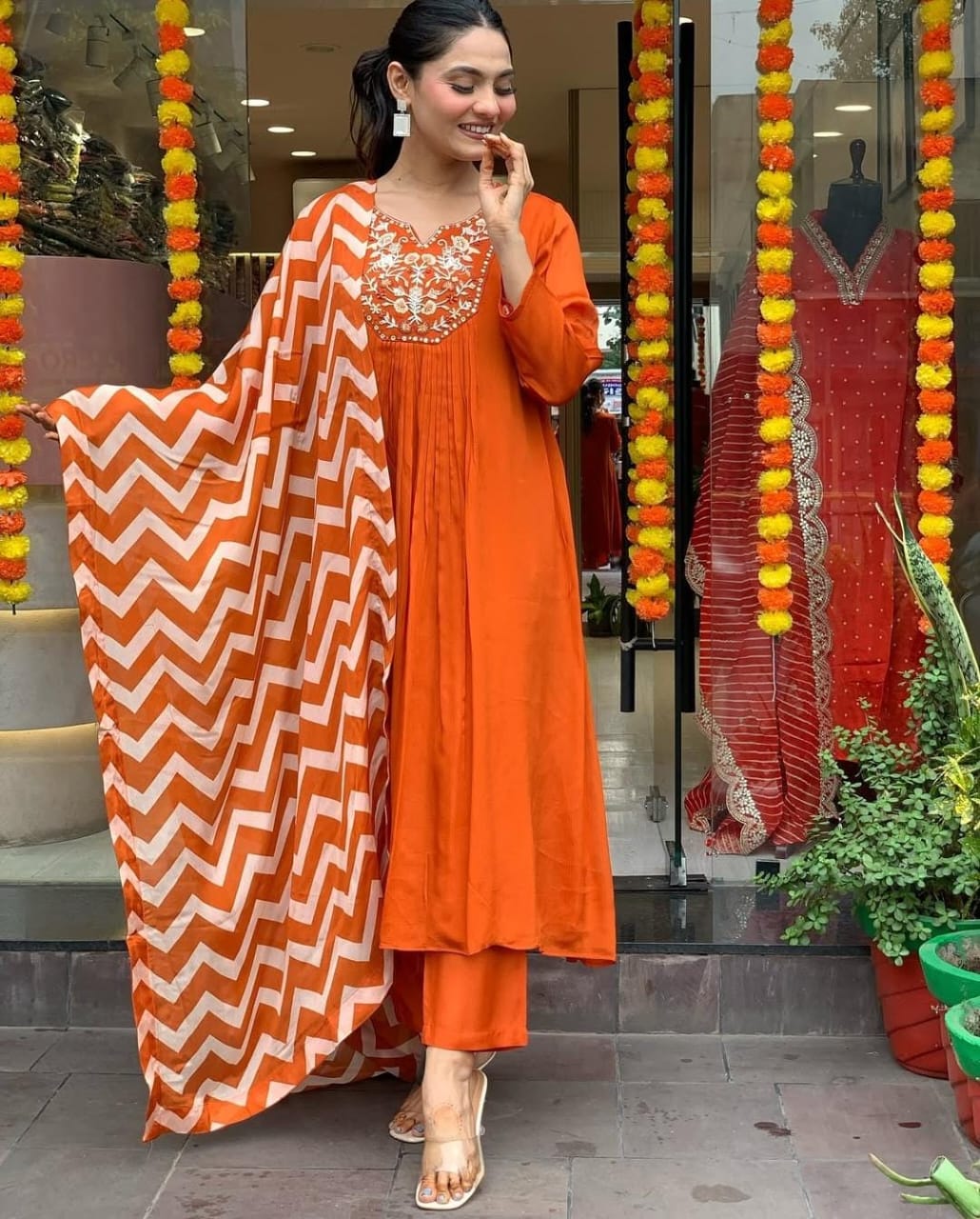 KF Kalaai Orange Cotton Embroidery Kurti With Bottom Dupatta Online Wholesale