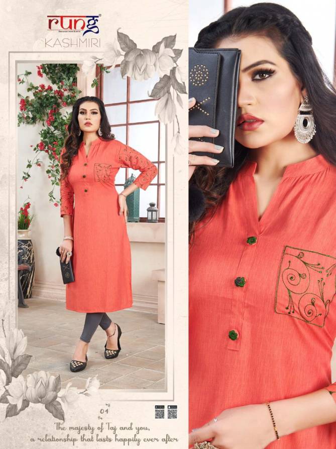 RUNG KASHMIRI Latest Fancy Regular Wear Heavy Luxuriya Rayon  With Manual Embroidery work Kurtis Collection