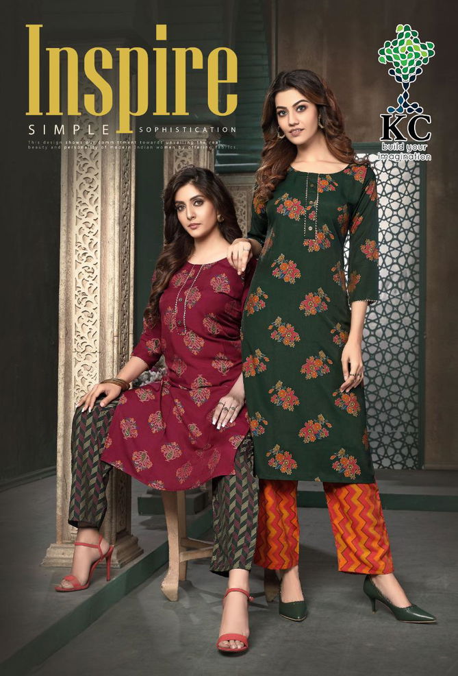 Kc Inspire Latest Designer Party Wear Printed Rayon Kurti With Bottom Collection