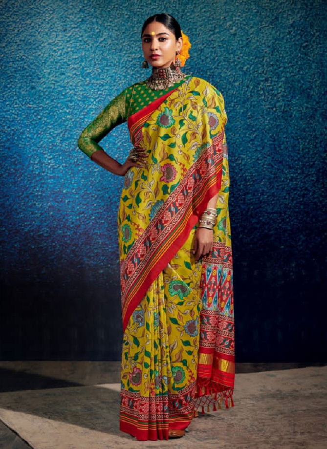 Yellow Colour Kalam X patola By Kimora Printed Saree Catalog 2060