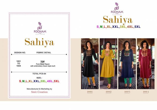Poonam Sahiya Pure Malai Ethnic Wear Rayon Embroidery Latest Kurtis Collection
