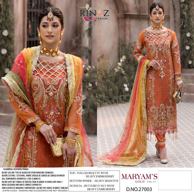 Rinaz Maryams Gold 17 Fancy Festive Wear Georgette Heavy Pakistani Salwar Kameez Collection