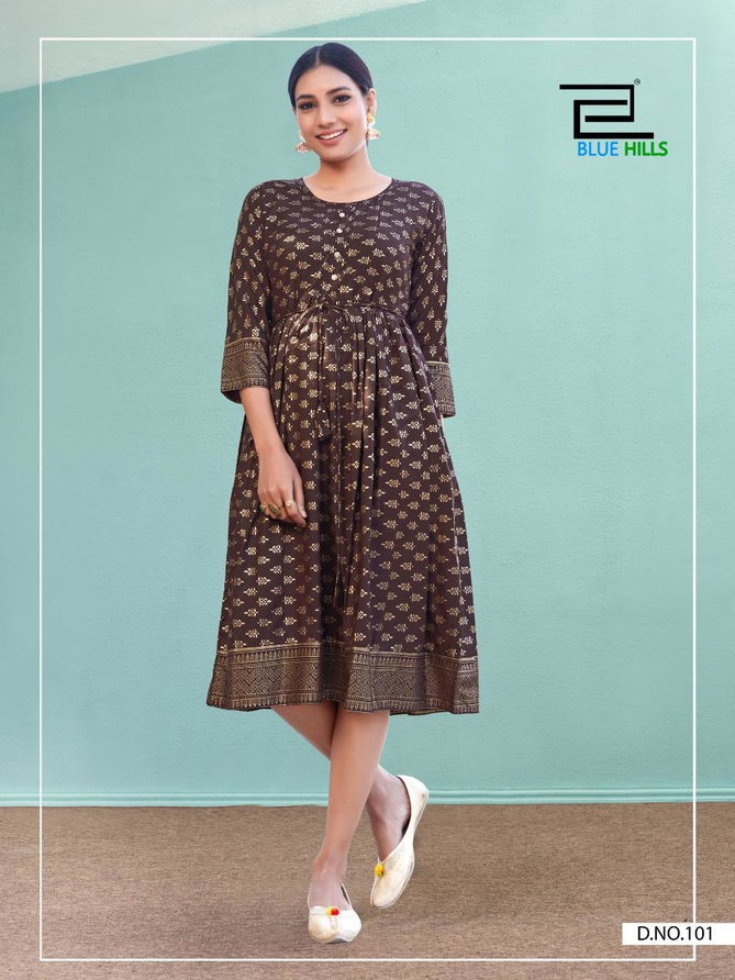 Blue Hills Shine Latest Fancy Designer Ethnic Wear Rayon Gold Print Kurtis Collection
