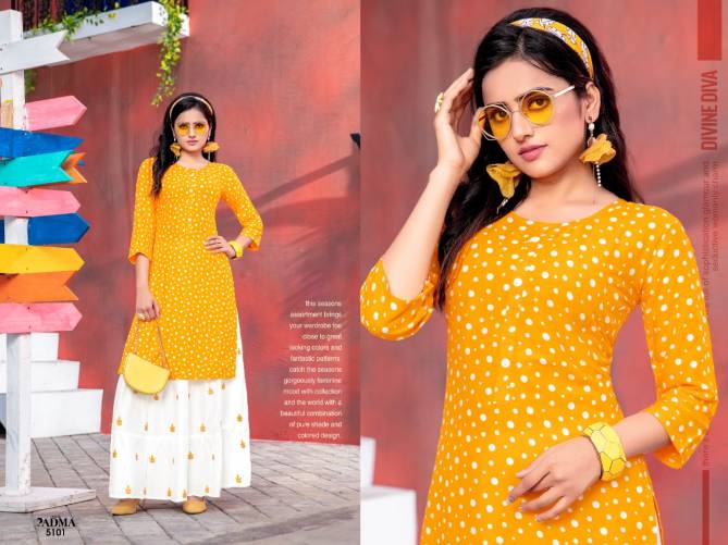 Padma 6 Fancy Festive Wear Rayon Printed Designer Kurtis With Skirt Collection
