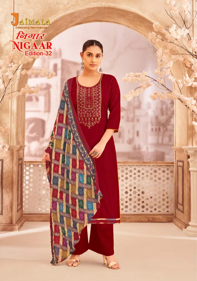 Nigaar 32 By Alok Suit Rayon Slub Embroidery Dress Material Orders In India