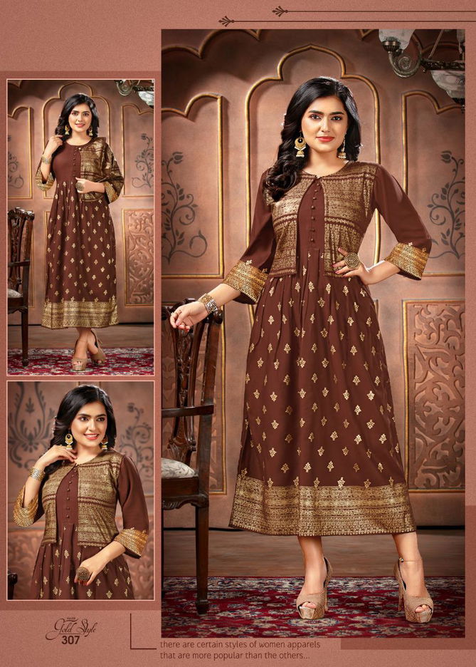 Ft Gold Style 3 Latest fancy Designer Casual Wear Gold Printed Long Kurtis Collection
