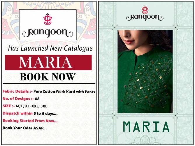 Rangoon Maria Latest Fancy festive Wear Designer Pure Cotton Kurti With Bottom Pant Collection

