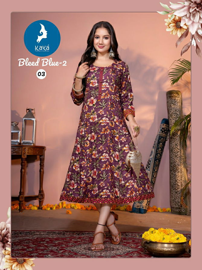 Bleed Blue 2 By Kaya Rayon Printed Anarkali Kurtis Exporters In India