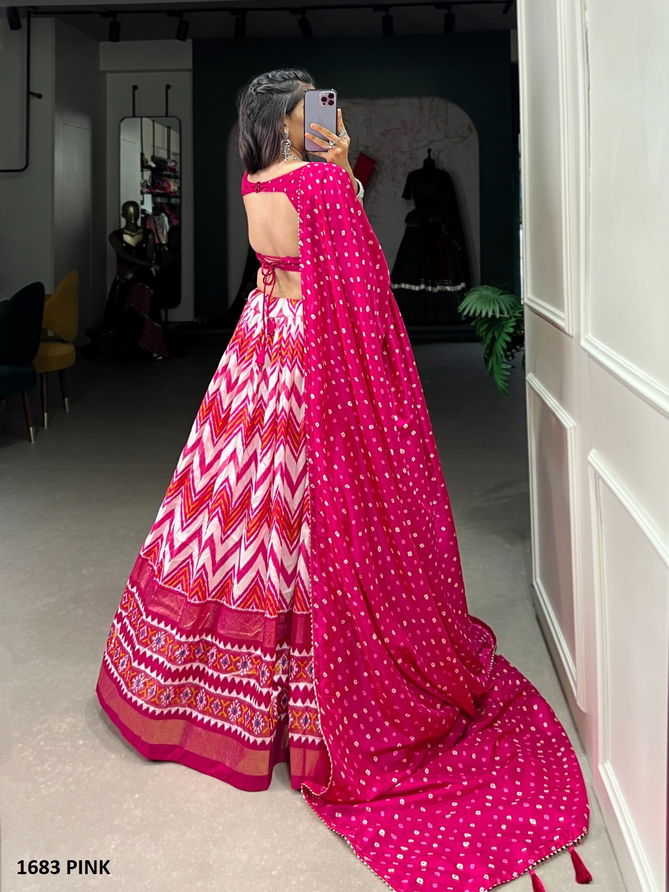 Aawiya 1683 Pink Tussar Silk Leheriya Foil Printed Lehenga Choli Exporters In India