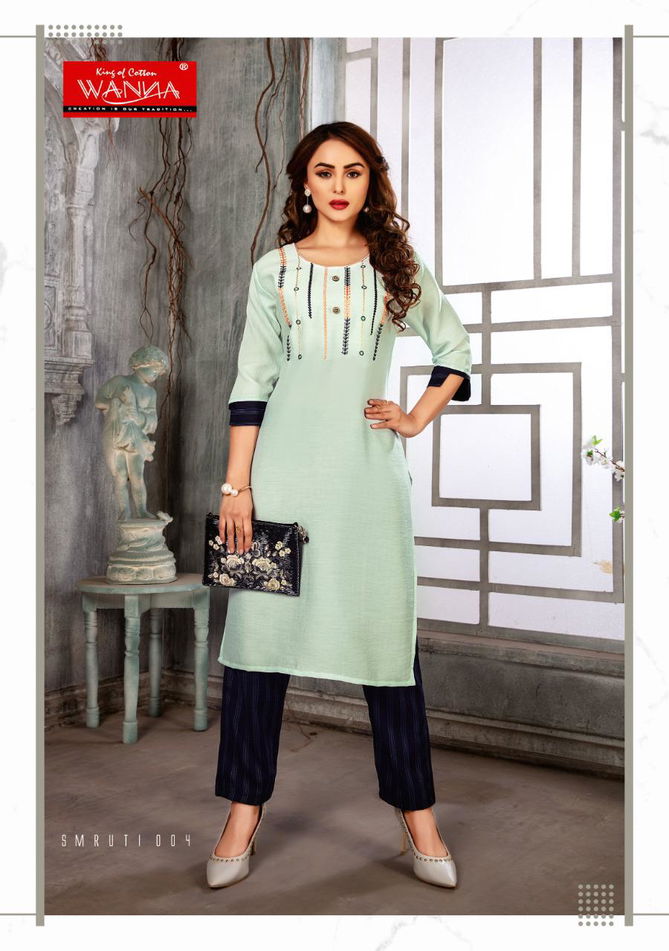 Wanna Smruti Latest Designer Casual Wear Rayon Kurti With Pant Style Bottom Collection
