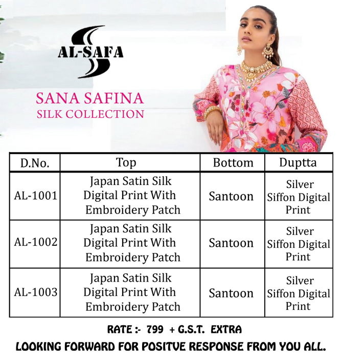 Al Safa Sana Safinaz 5 Latest Fancy Designer Japan Stain Silk Digital Print With Embroidery Pakistani Salwar Suits Collection
