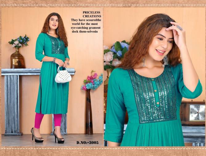 Beauty Queen Savory Fancy Party Wear Rayon Embroidery Kurti Collection