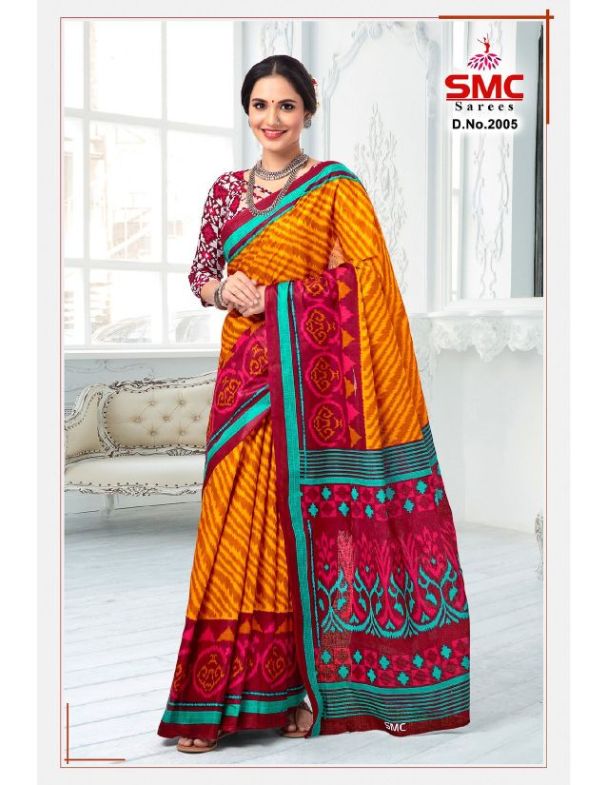 Smc Ikkat Casual Daily Wear Cotton Printed Designer Saree Collection