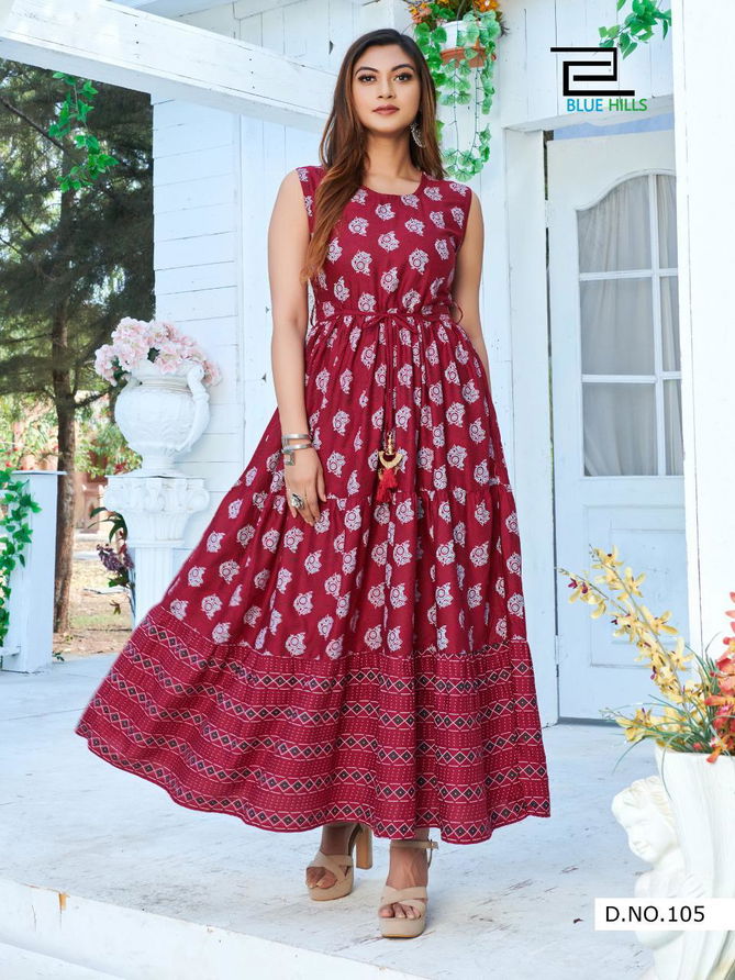 Blue Hills Sun Shine Latest Fancy Ethnic Wear Rayon Printed Flair Long Kurtis Collection
