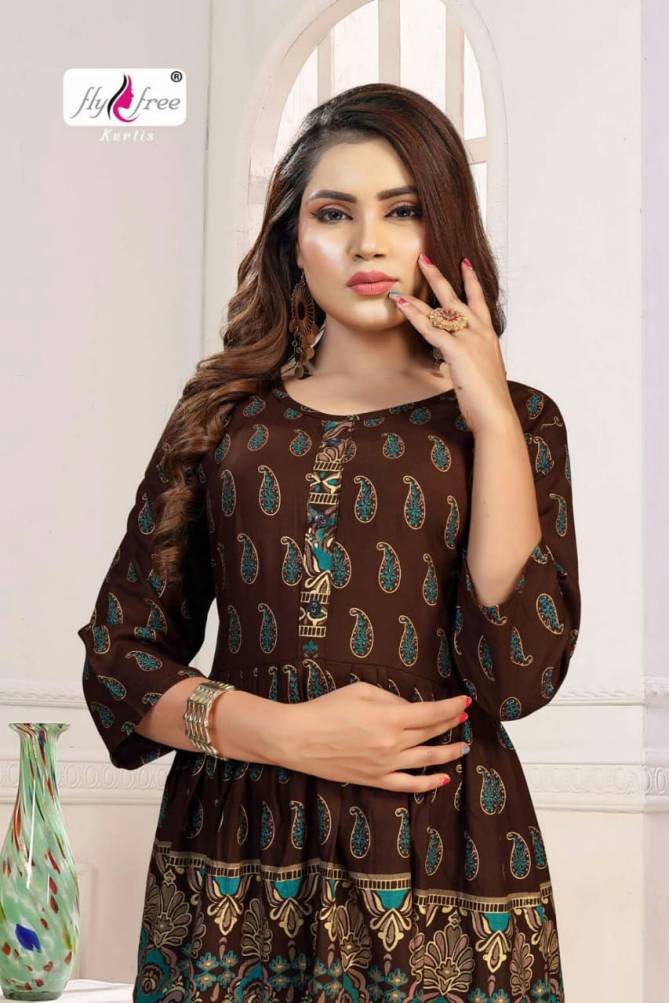 Fly Free Phonix Latest fancy bcasual wear Rayon Printed Designer Anarkali Kurtis Collection
