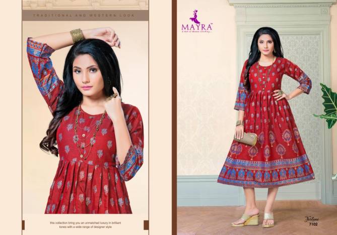 Mayra Fortune Latest Designer Fancy Flair Style Casual Wear Rayon printed Kurtis Collection
