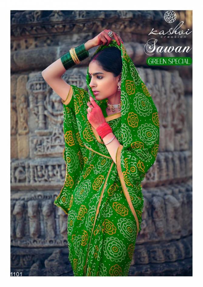 Kashvi Sawan Green Casual Wear Printed Designer Chiffon Saree Collection
