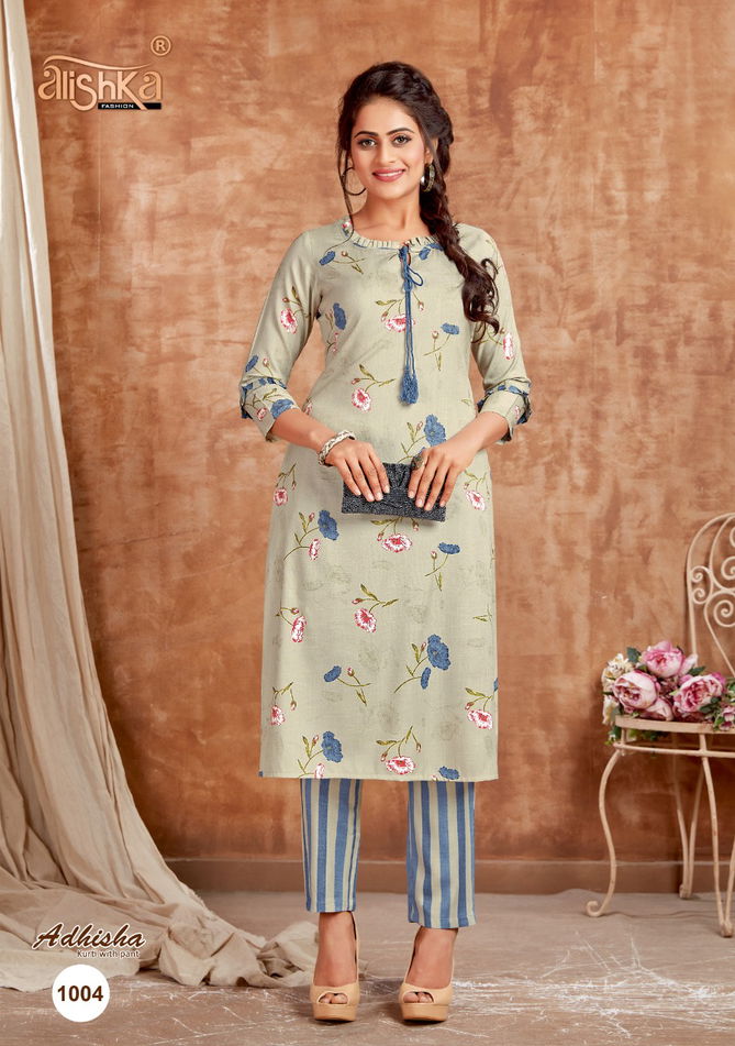 Alishka Adhisha Latest Fancy Designer Rayon With Foil Print Kurti With Bottom Collection
