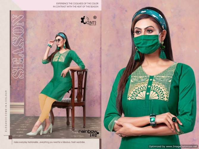 Kinti Rainbow Latest Designer Casual Wear Silk Slub With Embroidery Work Straight Short Kurti With Mask Collection

