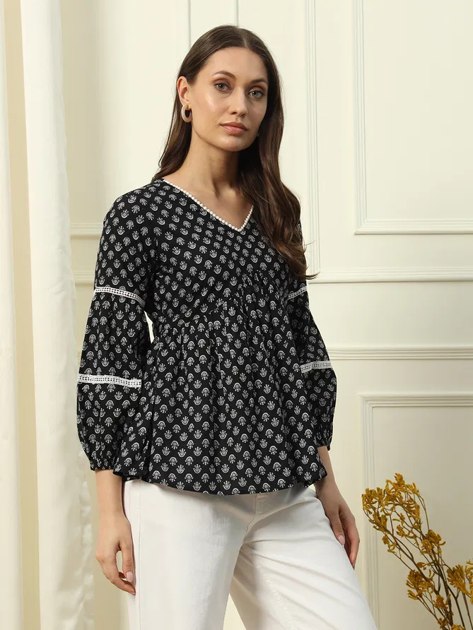 Fiorra TOP010 Black Printed Cotton Western Top Exporters In India