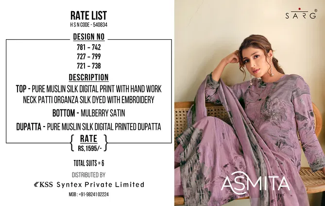 Asmita By Sarg Muslin Silk Digital Printed Dress Material Wholesale In India