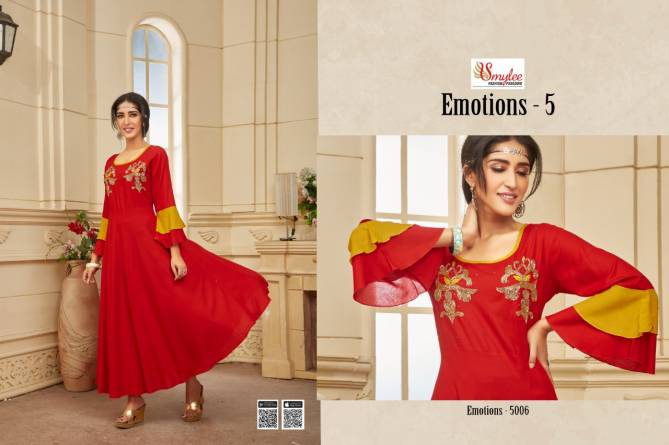 Smylee Emotions 5 New Collection Of Designer Party Wear Hand Work Rayon Kurtis 