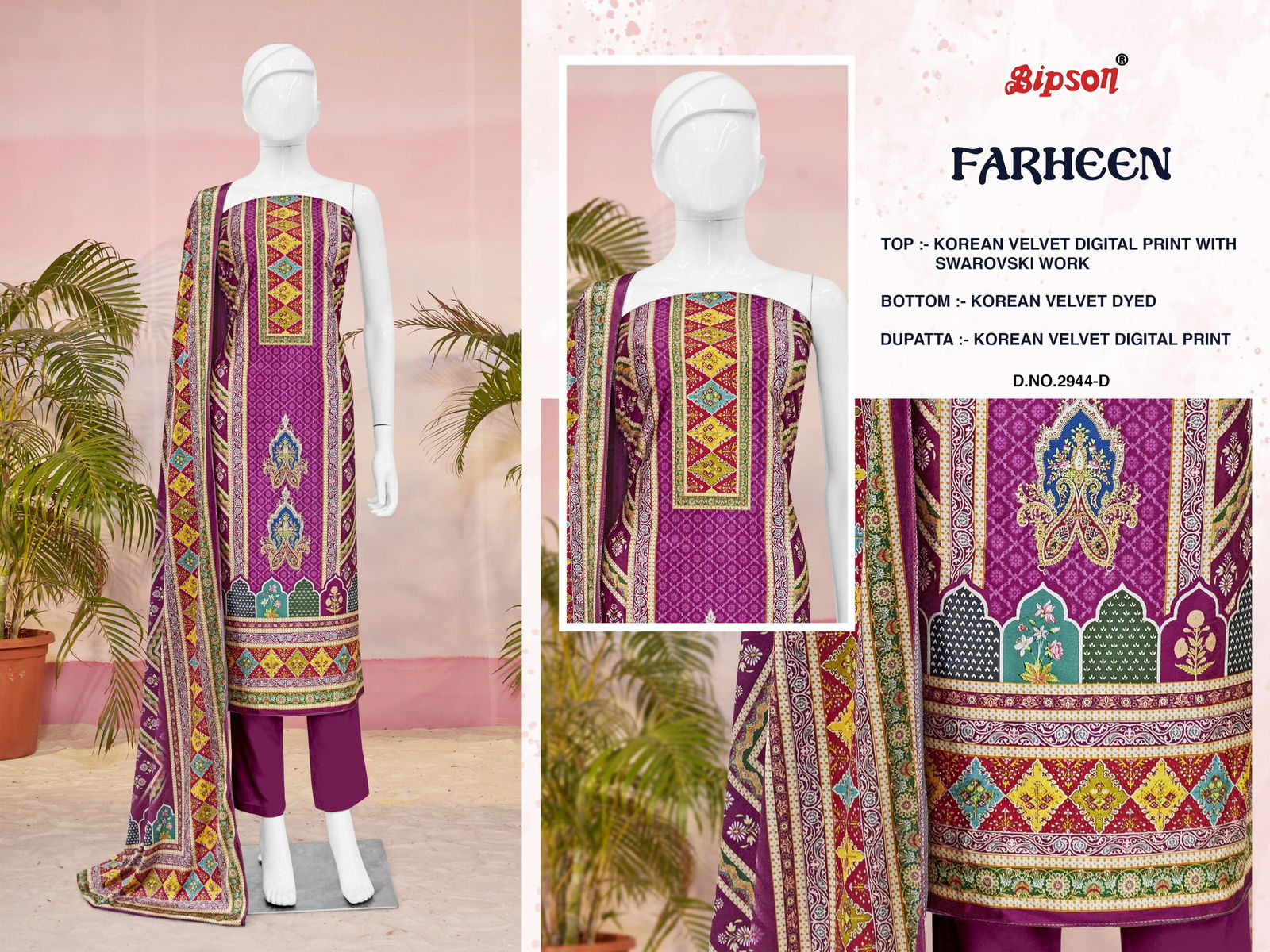 Farheen 2944 By Bipson Korean Velvet Printed Dress Material Wholesale Shop In Surat