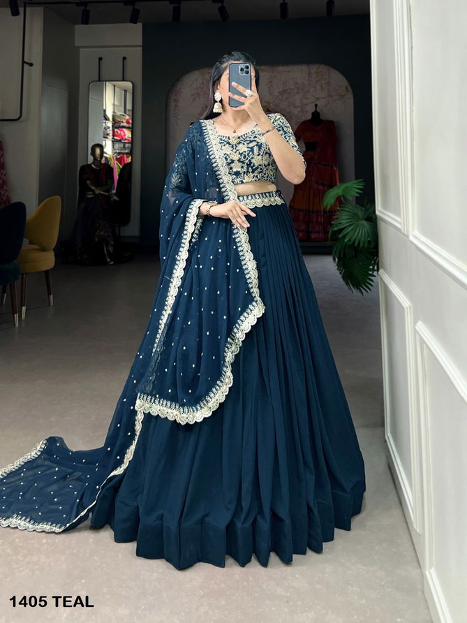 Aawiya 1405 Teal Designer Georgette Embroidery Wedding Wear Lehenga Choli Wholesale Price In Surat