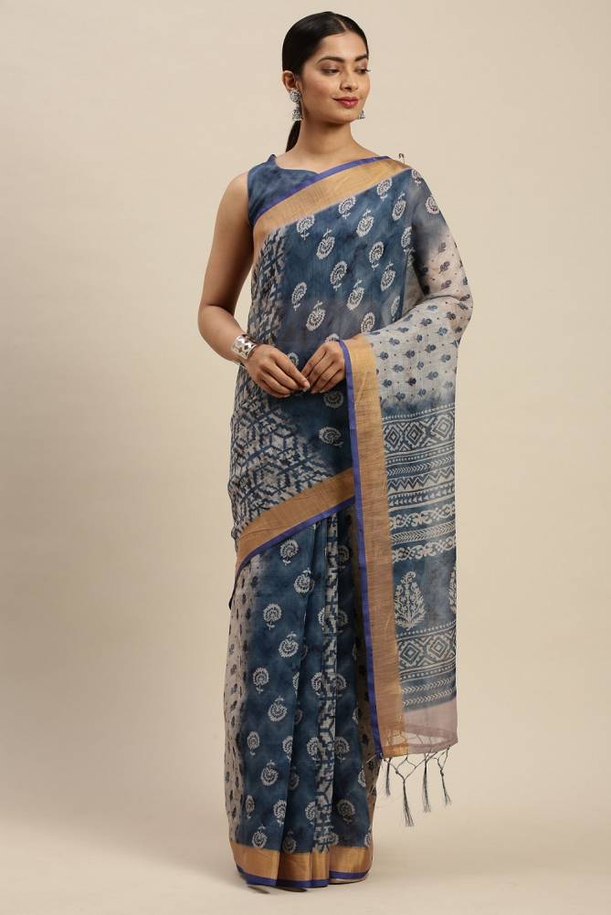 Indigo 1.1 Latest Fancy Designer Regular Casual Wear Linen Cotton Printed Saree Collection

