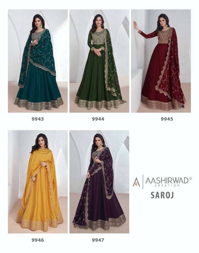 Saroj By Aashirwad Heavy Premium Silk Designer Gown With Dupatta Wholesale Shop In Surat
