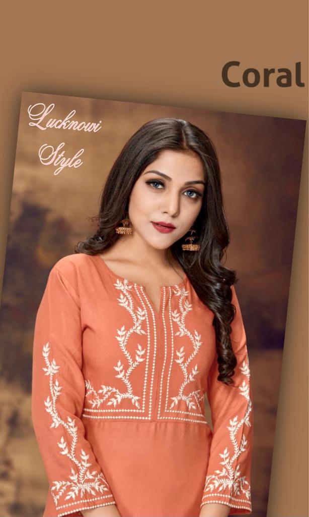 C9 Coral Latest Design Festive Wear Rayon With Embroidery Worked Kurti With Palazzo Kurtis Collection
