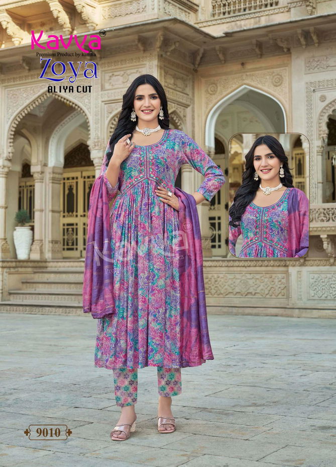 Zoya Vol 9 By Kavya Rayon Foil Aliya Cut Kurti With Bottom Dupatta Orders In India