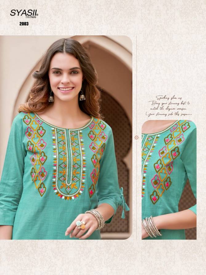 Syasii Pure 2 Fancy Ethnic Wear Cotton Embroidered Kurtis With Bottom Collection
