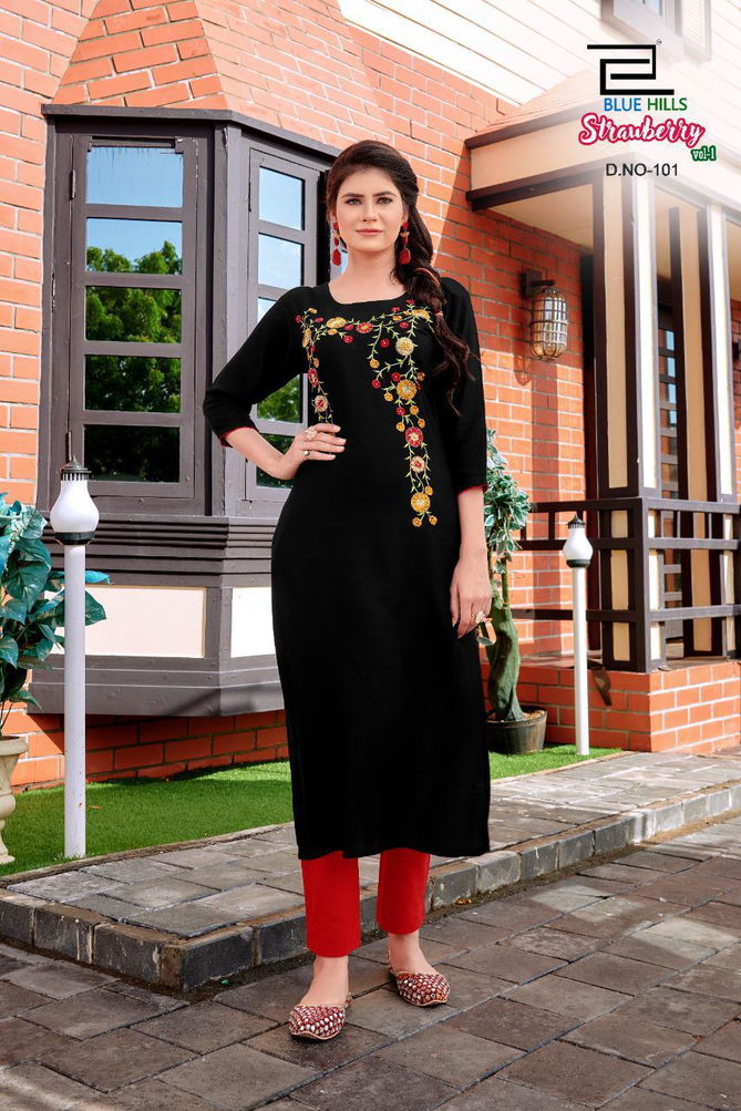 Blue Hills Strawberry Latest Fancy Heavy Festive Party Wear Designers Rayon Kurti Collection