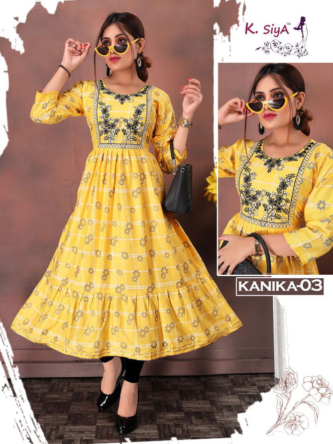 K Siya Kanika Fancy Ethnic Wear Rayon Printed Anarakli Kurti Collection