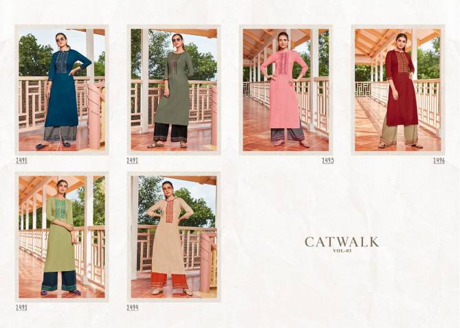 Rangoon Catwalk Vol 3 latest Designer Casual Wear Heavy Neck Work Kurtis With Heavy Rayon With Embroidery Work Plazzo Collection  