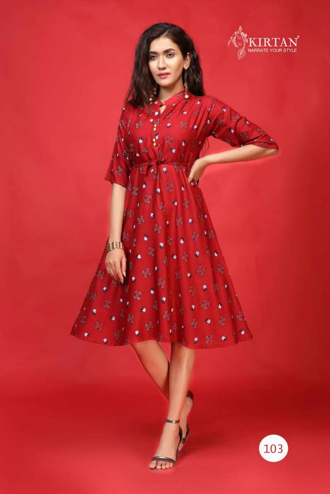 Kirtan Kanika Fancy Designer Casual Wear Rayon Printed Anarkali Kurtis Collection
