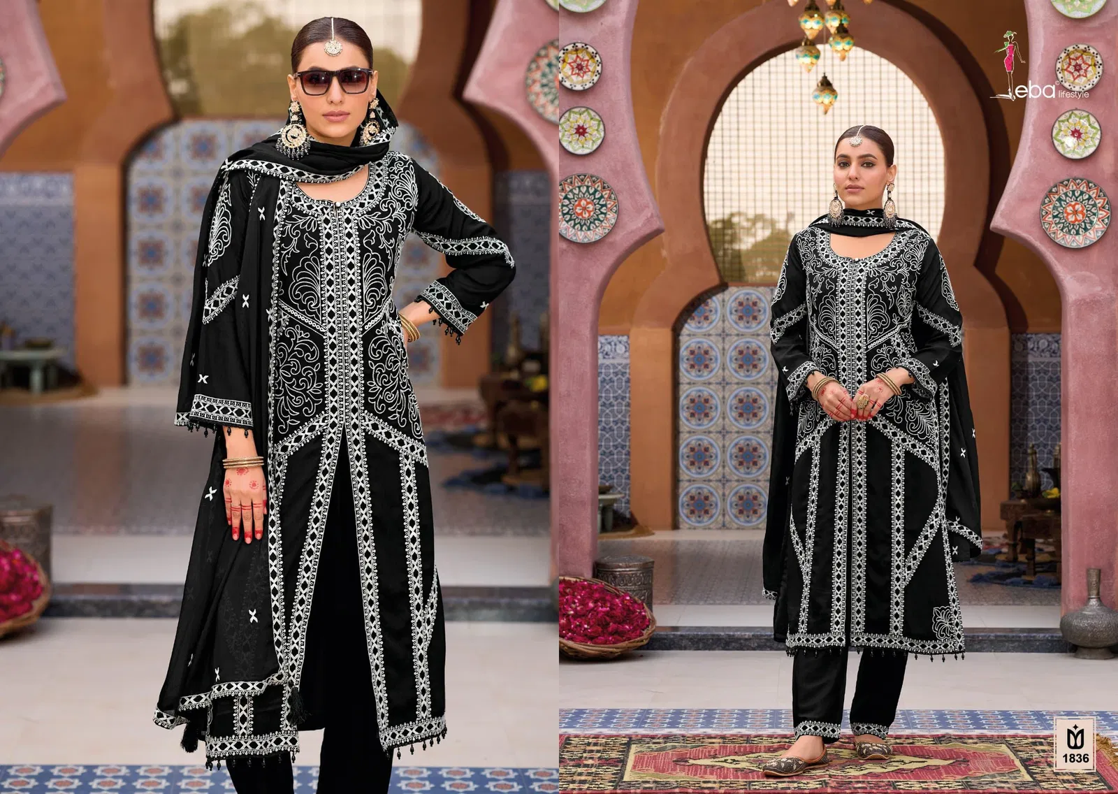 Kase Black And White By Eba Chinon Embroidery Readymade Suits Exporters In India