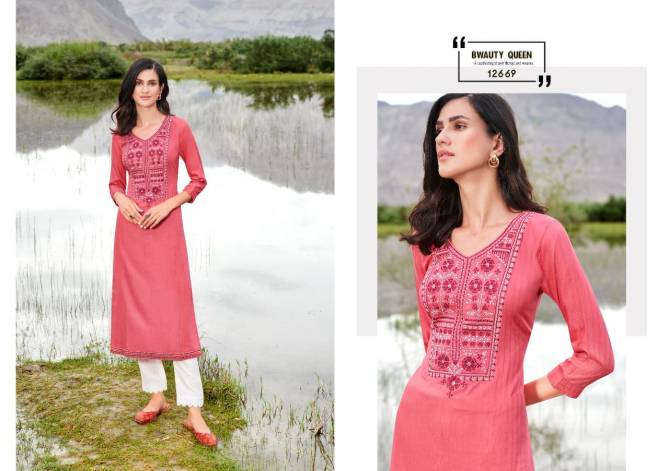 Kalaroop Beat Rayon With Embroidery Work Party Wear Designer Kurtis Collection
