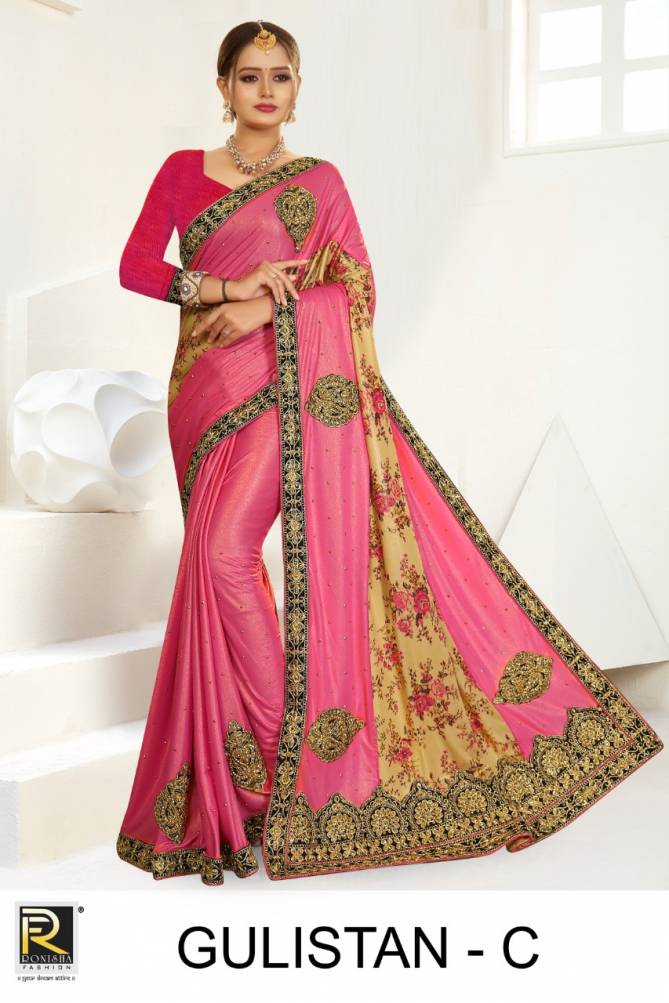 Ronisha Gulistan Latest Fancy Designer Festive Wear Embroidery Worked lycra Saree Collection
