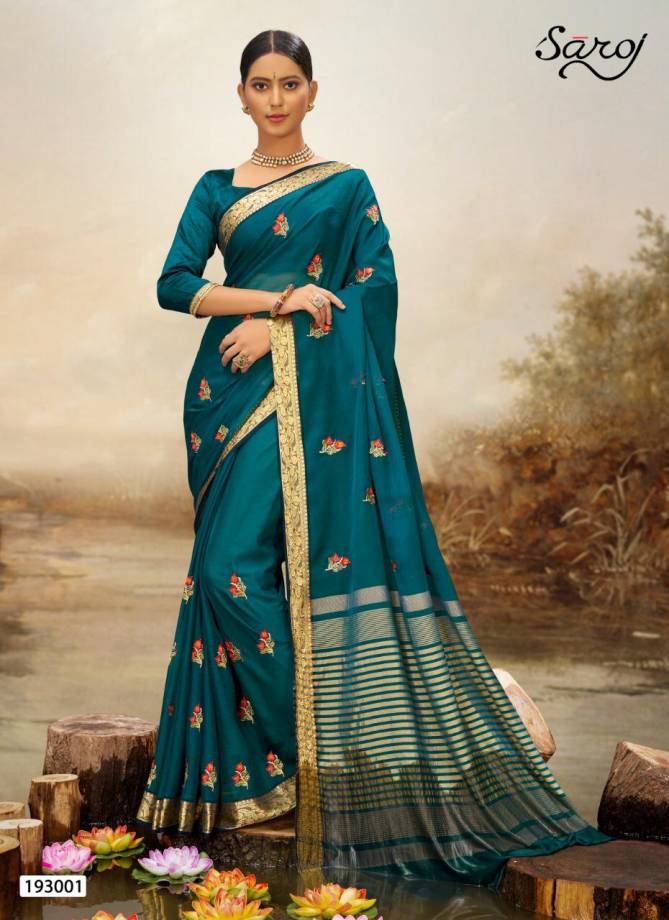  Saroj  Noreen Latest Fancy Multi colore work and chit pallu and border Designer Soft Chiffon Saree Collection