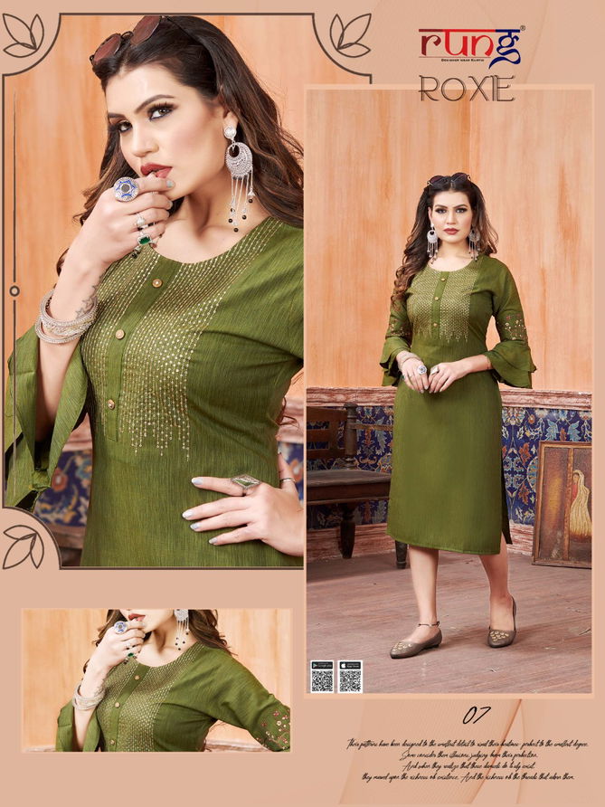 RUNG ROXIE Heavy Luxuriya Rayon With Manual Embroidery With Sequence Work Fancy Kurtis Collection