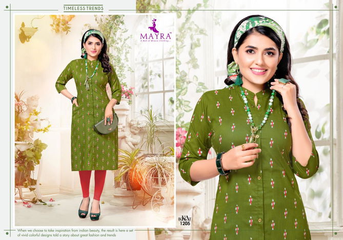 Mayra Ikkat Fancy Designer Regular Wear Rayon Slub Printed Kurtis Collection
